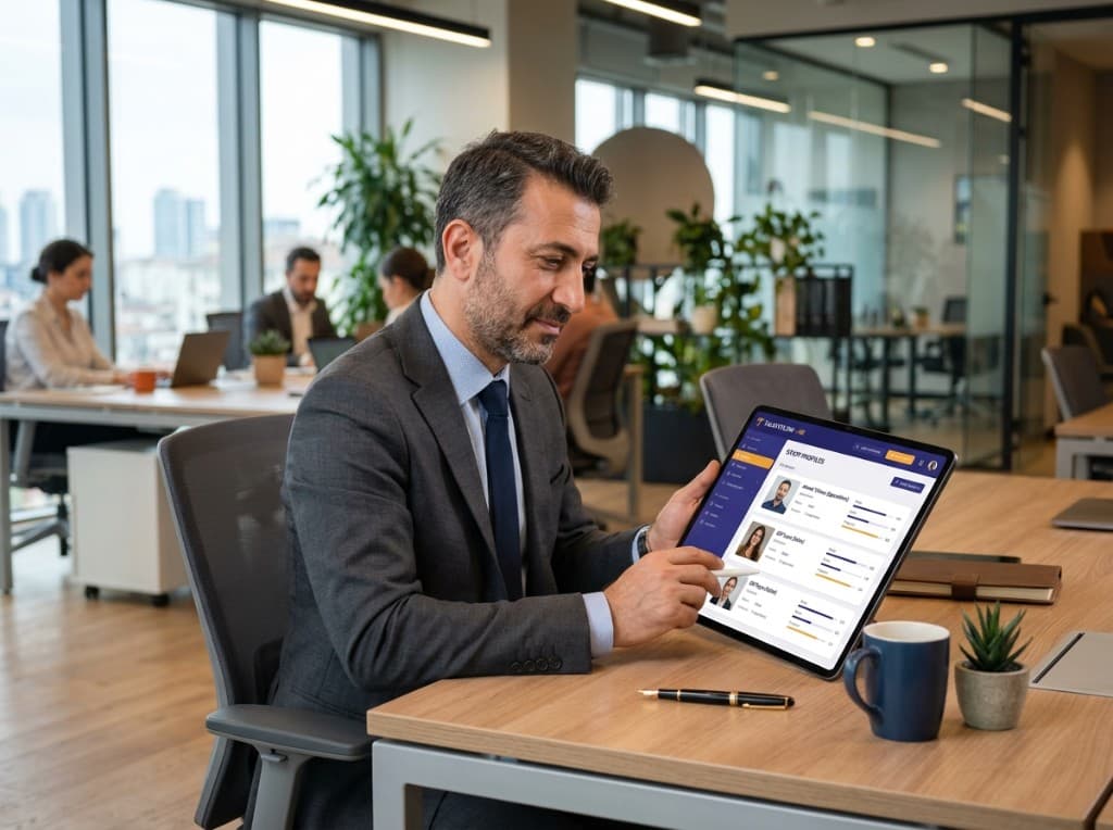 Tablet üzerinden personel profillerini inceleyen işveren